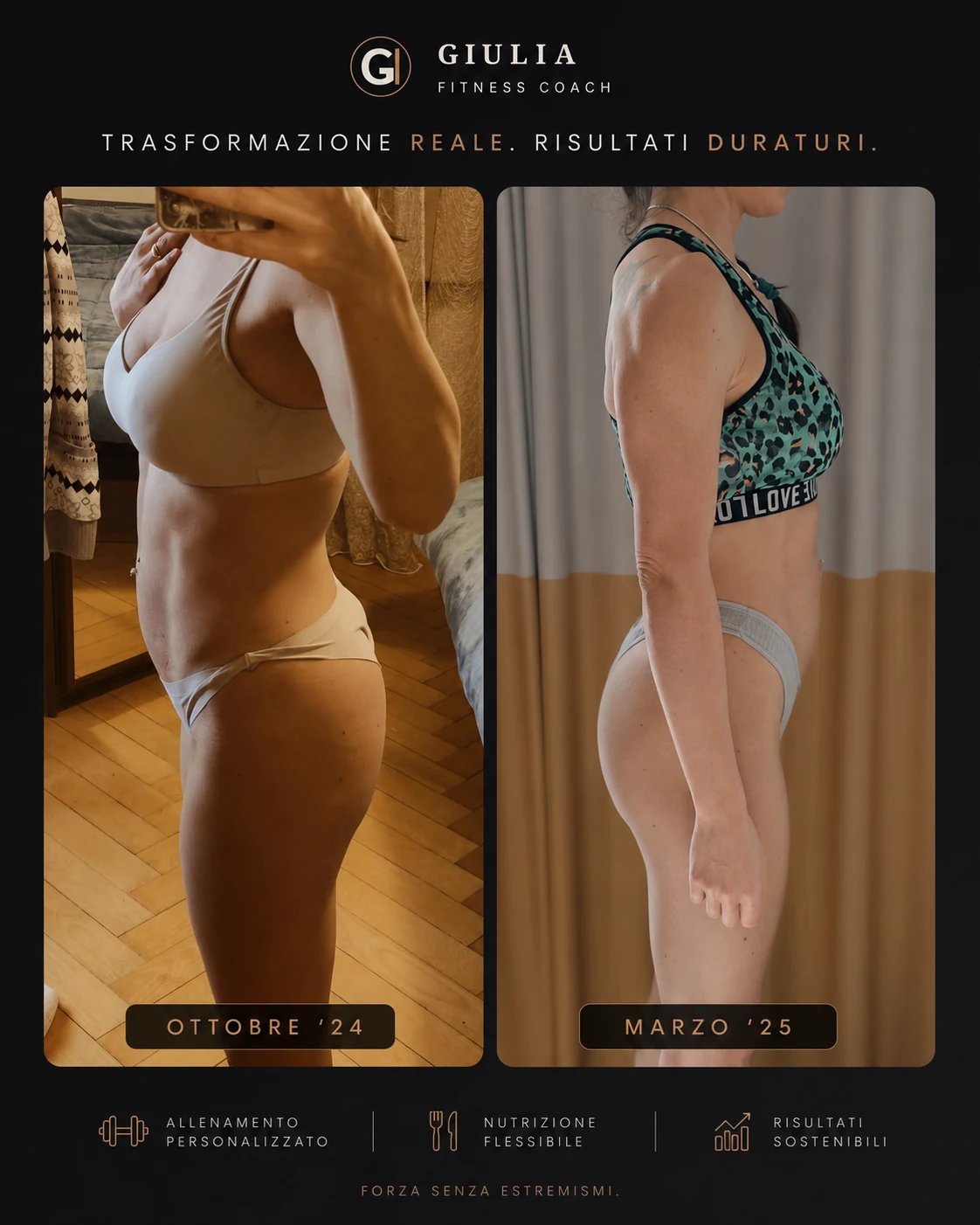 Confronto fotografico laterale di un percorso di trasformazione estetica, ottobre 2024 e marzo 2025