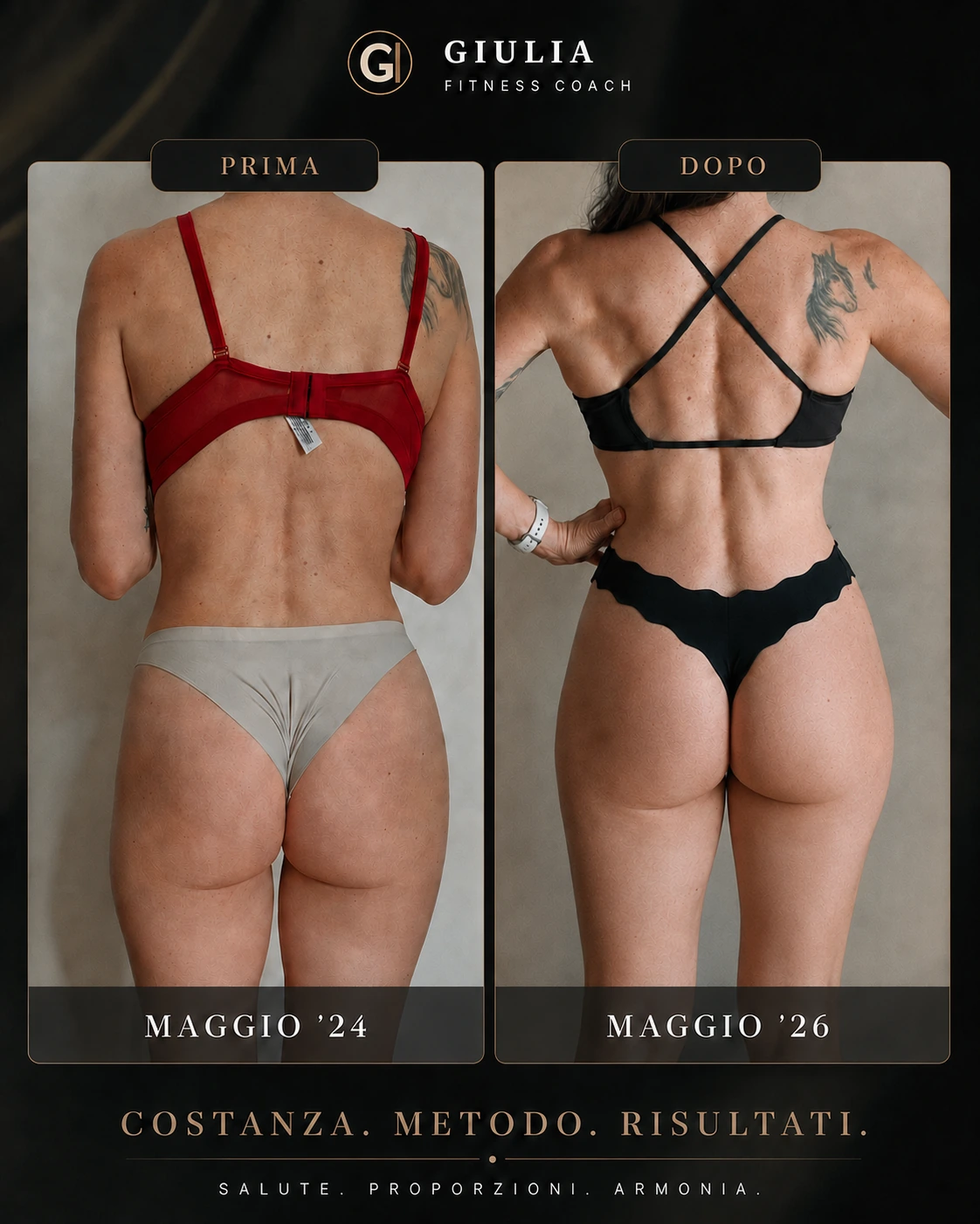 Confronto fotografico posteriore di un percorso di trasformazione estetica, maggio 2024 e maggio 2026
